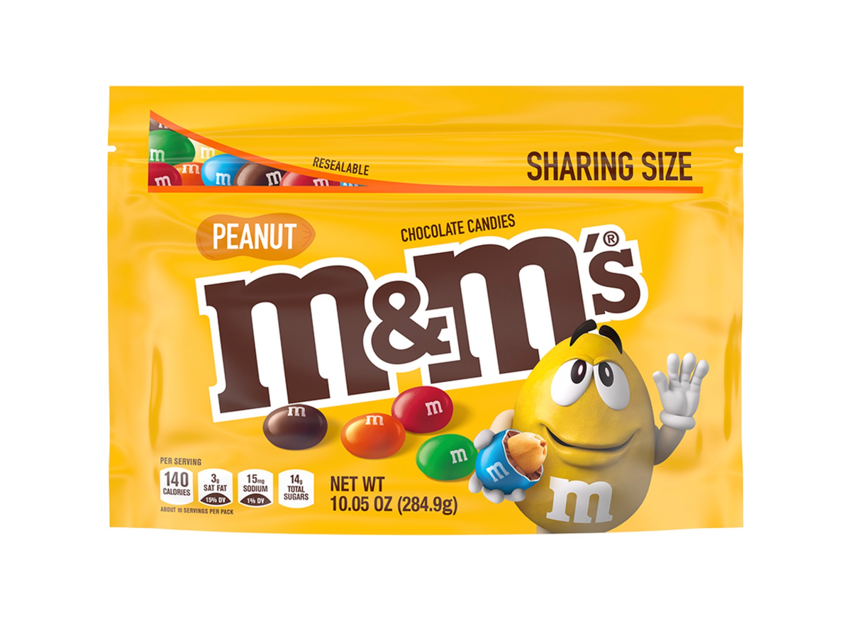 a bag of peanut m & m's on a white background.