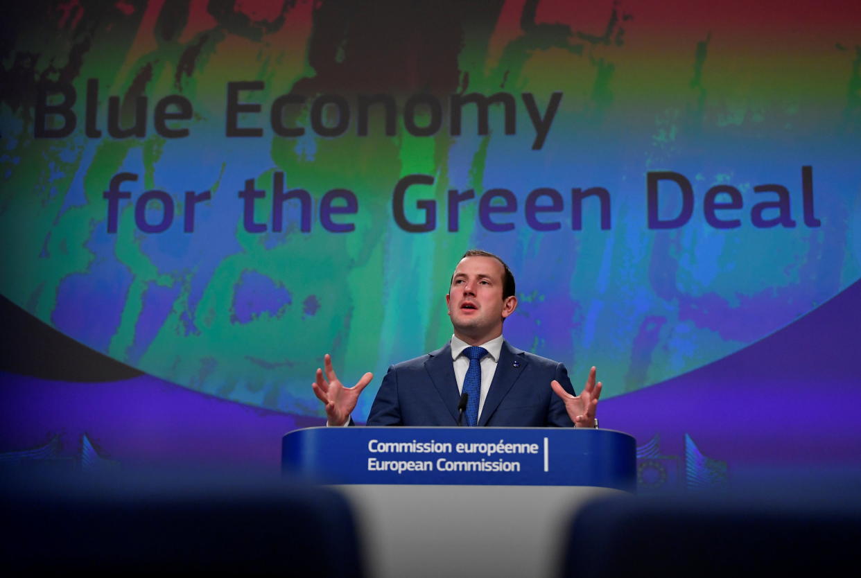 EU Environment, Oceans and Fisheries Commissioner Virginijus Sinkevicius announces blue economy plan in Brussels, Belgium. Photo:John Thys/Pool via Reuters