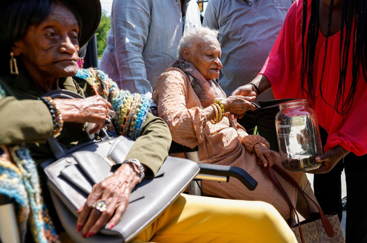 Tulsa Race Massacre survivors Lessie Benningfield Randle(left) and Viola Fletcher participate in a soil collection ceremony on Standpipe Hill Wednesday, May 31, 2023 in Tulsa, Ok. The ceremony was held to commemorate the 1921 Tulsa Race Massacre. 