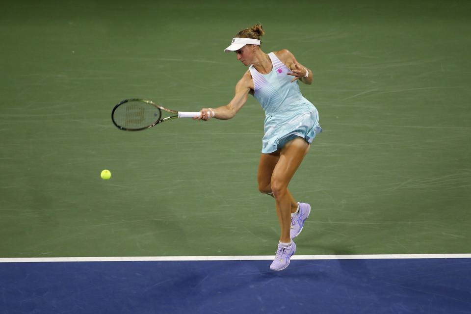 Liudmila Samsonova, of Russia, returns a shot to Ajla Tomljanovic, of Australia, during the fourth round of the U.S. Open tennis championships, Sunday, Sept. 4, 2022, in New York. (AP Photo/Andres Kudacki)