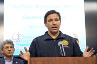 Florida Gov. Ron DeSantis gestures during a news conference Sunday, April 4, 2021, at the Manatee County Emergency Management office in Palmetto, Fla. DeSantis has received a single-dose coronavirus vaccine. His office confirmed Wednesday, April 7, 2021 that the Republican governor got the Johnson & Johnson vaccine, which requires only a single dose. (AP Photo/Chris O'Meara, file)