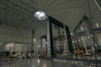 An interior view shows the large-sized transformed mechanical systems centre of the Reshetnev Information Satellite Systems company in the Siberian town of Zheleznogorsk April 2, 2014. Picture taken April 2, 2014. REUTERS/Ilya Naymushin (RUSSIA - Tags: SCIENCE TECHNOLOGY BUSINESS)