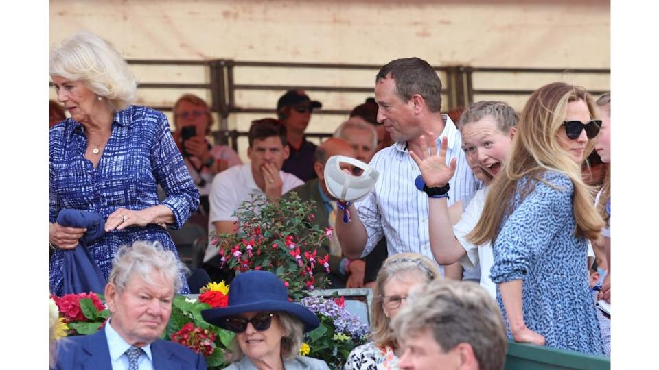  Queen Camilla speaks with Peter Phillips and Harriet Sperling on The Final Day Of The Badminton Horse Trials 2024 