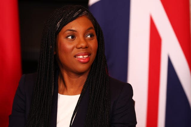 Kemi Badenoch in front of a Union Jack backdrop