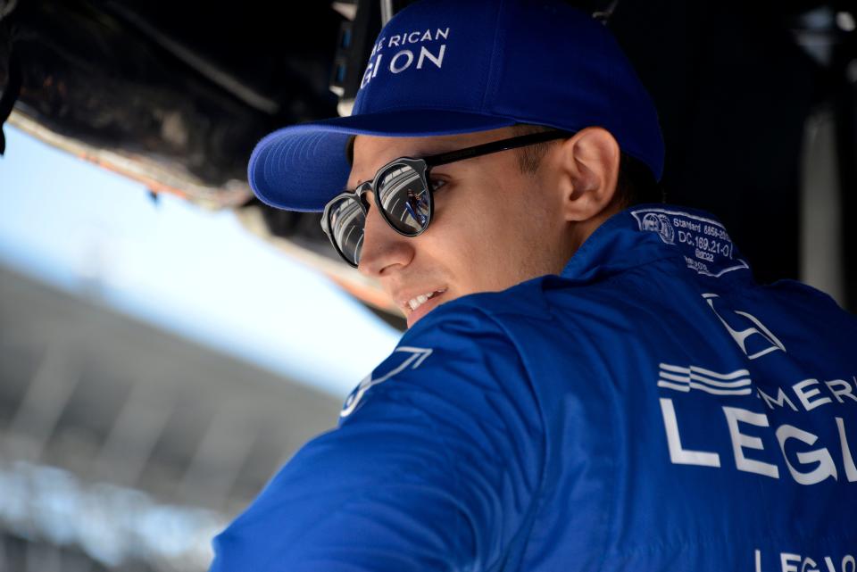 Chip Ganassi Racing driver Alex Palou (10) sits in his pit box Friday, July 29, 2022, during qualifying for the Gallagher Grand Prix at Indianapolis Motor Speedway.