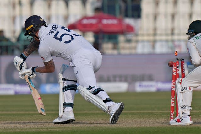 Ben Stokes, left, is bowled by Abrar Ahmed, not pictured