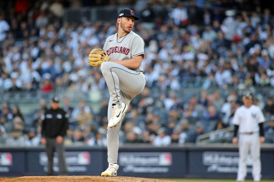 Oct 18, 2022; Bronx, New York, USA; Cleveland Guardians relief pitcher Trevor Stephan (37) pitches against the <a class="link " href="https://sports.yahoo.com/mlb/teams/ny-yankees/" data-i13n="sec:content-canvas;subsec:anchor_text;elm:context_link" data-ylk="slk:New York Yankees;sec:content-canvas;subsec:anchor_text;elm:context_link;itc:0">New York Yankees</a> during the third inning in game five of the ALDS for the 2022 MLB Playoffs at Yankee Stadium. Mandatory Credit: Wendell Cruz-USA TODAY Sports