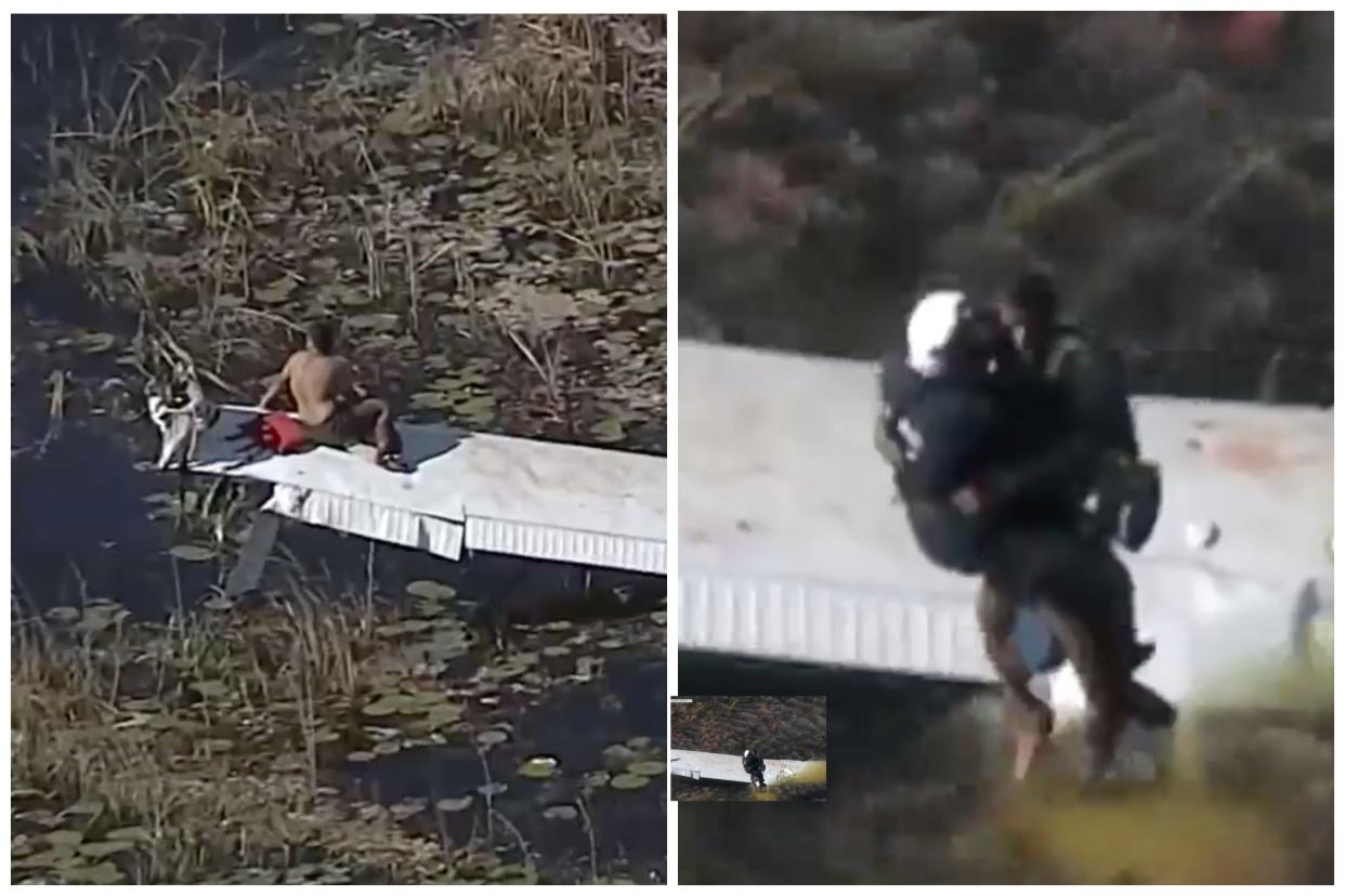 Pilot waits for rescue on wing of plane, left, and man is rescue by being hoisted into a helicopter.