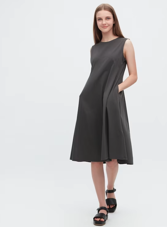 woman wears grey Extra Stretch Airism Sleeveless Dress. 