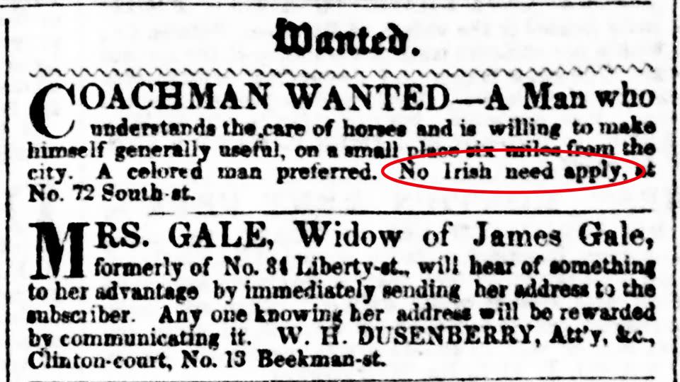 This help-wanted column on the front page of the New York Tribune on May 14, 1852 reflects anti-Irish sentiments of the time. CNN has highlighted a portion of this image, circling wording in an ad that states, "No Irish need apply." - Library of Congress