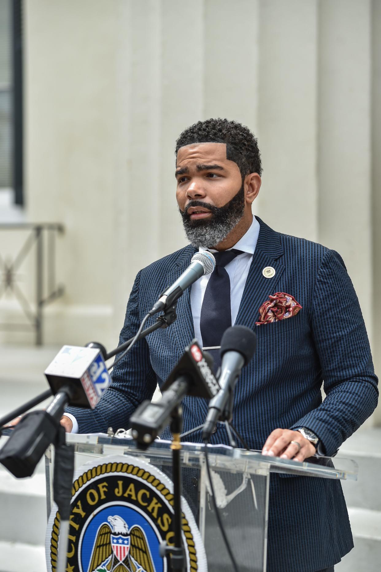 Mayor Chokwe Antar Lumumba speaks at City Hall regarding updates on the ongoing water infrastructure issues in Jackson, Miss., Tuesday, September 6, 2022.