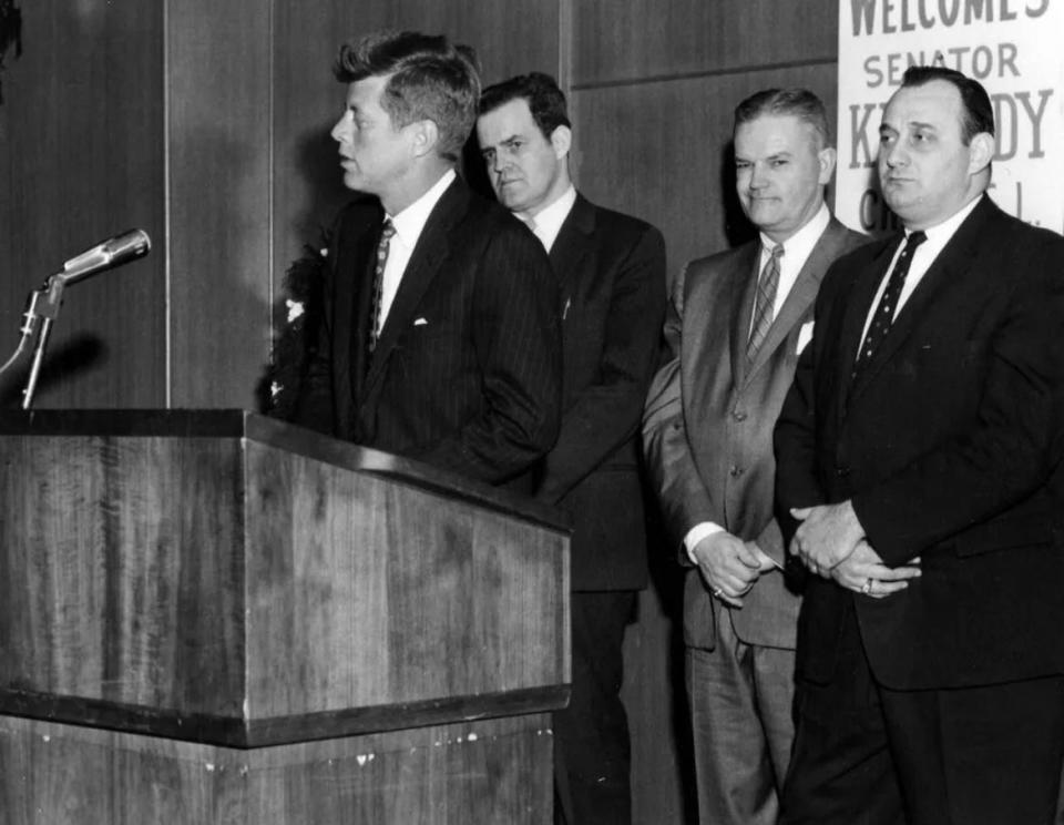 Sen. John F. Kennedy speaks at a campaign event at Canton's Memorial Auditorium on Sept. 27, 1960. Randy Feemster, then of Canton and now of New Philadelphia, and his grandmother, Genevieve Kennedy, were there and briefly met the presidential candidate.