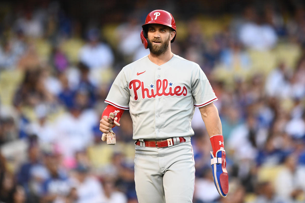 LOS ANGELES, CA - MAY 14: Philadelphia Phillies designated hitter Bryce Harper (3) celebrates during the MLB game between the Philadelphia Phillies and the Los Angeles Dodgers on May 14, 2022 at Dodger Stadium in Los Angeles, CA. (Photo by Brian Rothmuller/Icon Sportswire via Getty Images)