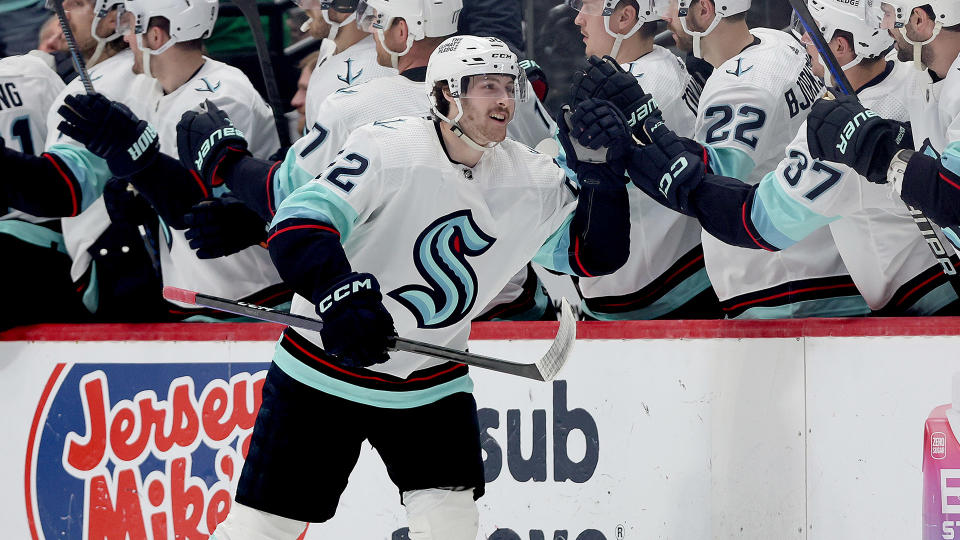 Tye Kartye emerged as the unlikeliest of heroes for the Seattle Kraken in their Game 5 win over the Colorado Avalanche in Round 1 of the NHL playoffs. (Photo by Matthew Stockman/Getty Images)