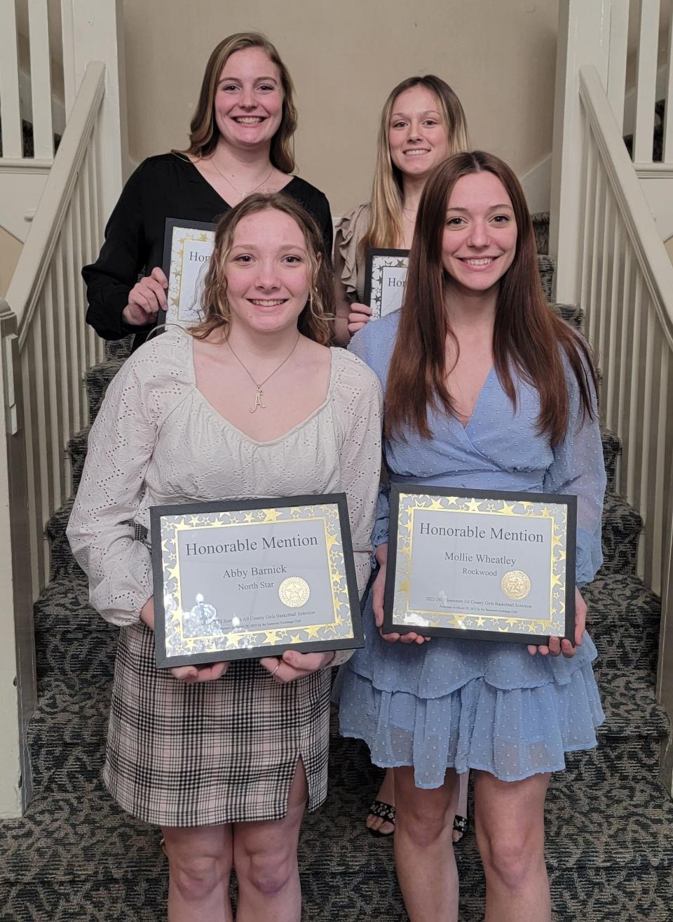Pictured are Somerset all-county honorable mention selections, front row, from left, North Star's Abby Barnick and Rockwood's Mollie Wheatley, back row, from left, Conemaugh Township's Jenna Brenneman and Windber's Harmony Jablon. Conemaugh Township’s Ava Byer was not present.