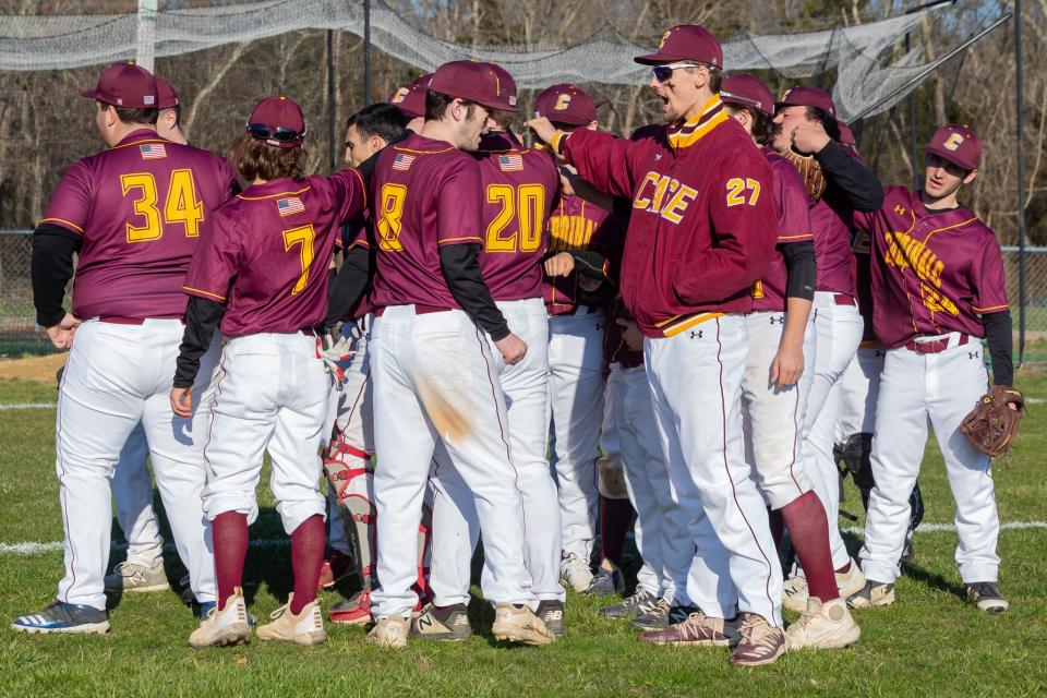 Case breaks the huddle after a win over Westport on April 5, 2022.