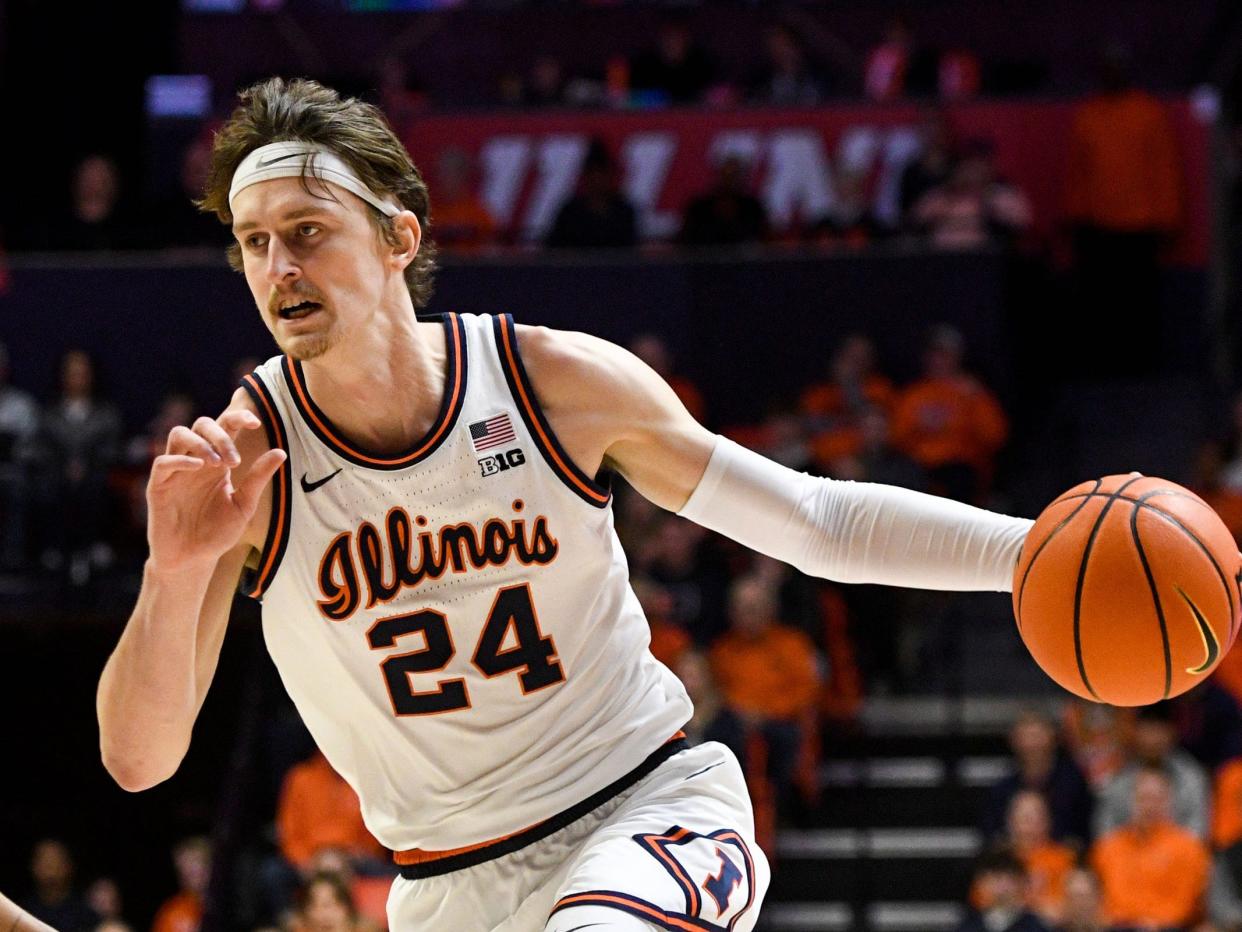 Matthew Mayer dribbles during a game against Rutgers.