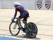 In this photo taken on July 10, 2018 , Carl Grove, a 90-year-old record-setting cyclist, races at the USA Cycling Masters Track Nationals in Breinigsville, PA. The U.S. Anti-Doping Agency informed Grove that traces of trenbolone, an anabolic steroid used by U.S. cattle farmers to bulk up livestock, were detected in a urine sample he gave at the U.S. Masters Track National Championships in Trexlertown, PA., last July, where the field’s oldest competitor again added to his collection of titles, setting times faster than men in their eighties, seventies and even sixties. (Kathy Watts via AP)