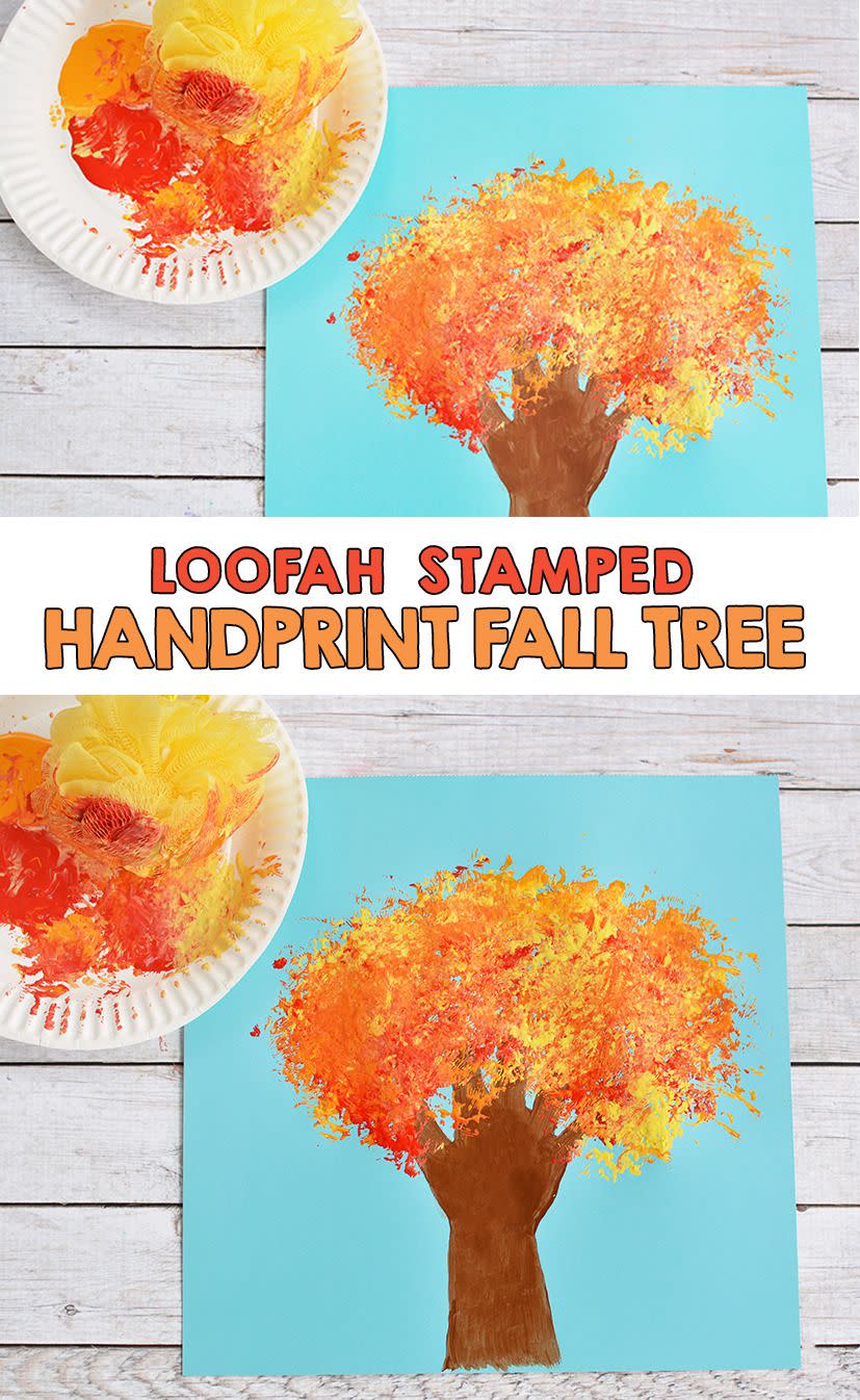 fall crafts for kids loofah stamped handprint fall tree