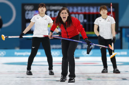 Curling - Pyeongchang 2018 Winter Olympics - Women's Bronze Medal Match - Britain v Japan - Gangneung Curling Center - Gangneung, South Korea - February 24, 2018 - Skip Eve Muirhead of Britain shouts to her team mates. REUTERS/John Sibley