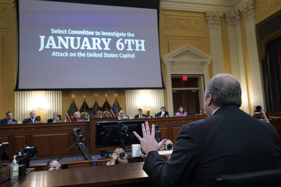 Chris Stirewalt, former Fox News political editor, bottom right, speaks as the House select committee investigating the Jan. 6 attack on the U.S. Capitol meets to reveal its findings of a year-long investigation, at the Capitol in Washington, Monday, June 13, 2022. House investigators are trying to make a methodical case that President Donald Trump’s lies about the 2020 election led directly to the insurrection by his supporters at the Capitol on Jan. 6, 2021. AP Photo/J. Scott Applewhite)