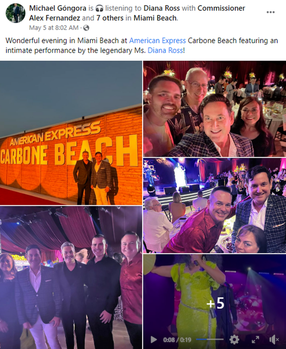 Former Miami Beach Commissioner Michael Gongora posted on Facebook about attending Carbone Beach, featuring a performance by Diana Ross, on Thursday, May 4, 2023.