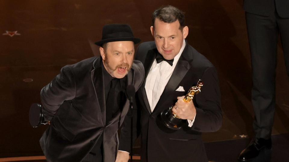 PHOTO: Tarn Willers and Johnnie Burn accept the Best Sound award for 'The Zone of Interest' onstage during the 96th Annual Academy Awards, March 10, 2024, in Hollywood. (Kevin Winter/Getty Images)