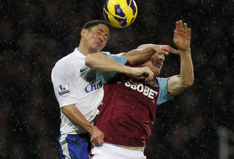 Everton midfielder Steven Pienaar (L) and West Ham United's James Collins jump for the ball during their Premier League match on December 22, 2012. Everton surged into fourth place with a 2-1 win over West Ham at Upton Park