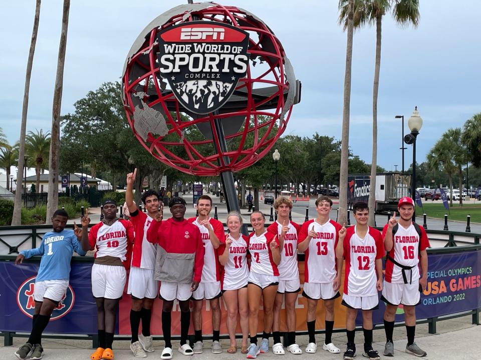 Members of Timberwolves United and Team Florida pose at the 2022 Special Olympics USA Games on June 11, 2022. The group won the gold medal in 7v7 soccer.