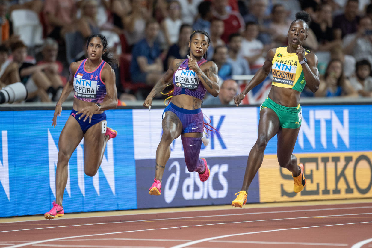 Singapore's Shanti Pereira (left) races in the women's 200m semi-finals at the World Athletics Championships Budapest.