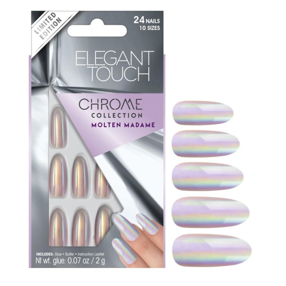 <p><strong>Get your hands on...</strong> <a rel="nofollow noopener" href="https://www.eleganttouch.com/molten-madame.html" target="_blank" data-ylk="slk:Elegant Touch Chrome Collection Molten Madame Press On Nails, £8.95;elm:context_link;itc:0;sec:content-canvas" class="link ">Elegant Touch Chrome Collection Molten Madame Press On Nails, £8.95</a></p>