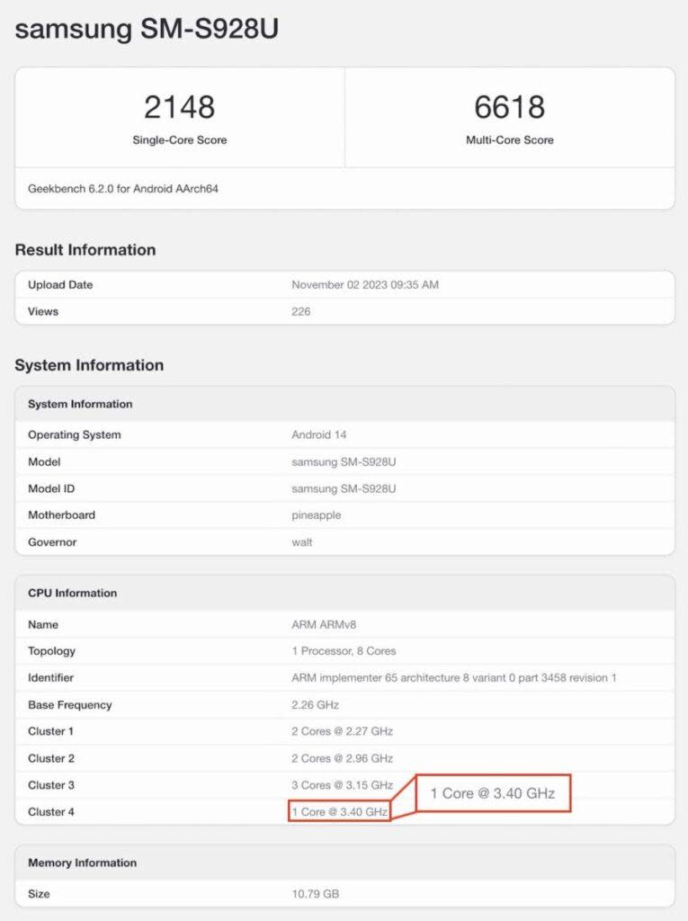 Galaxy S24 Ultra在主核運算時脈部份由 10 月上傳數據的 3.3GHz 提升至 3.4GHz