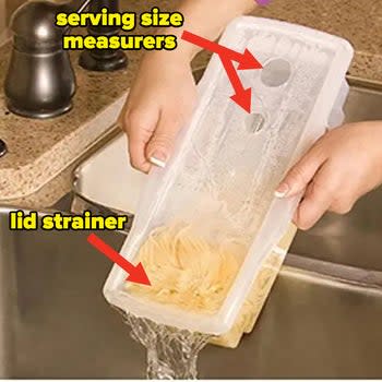 Model straining the pasta from the container with the 