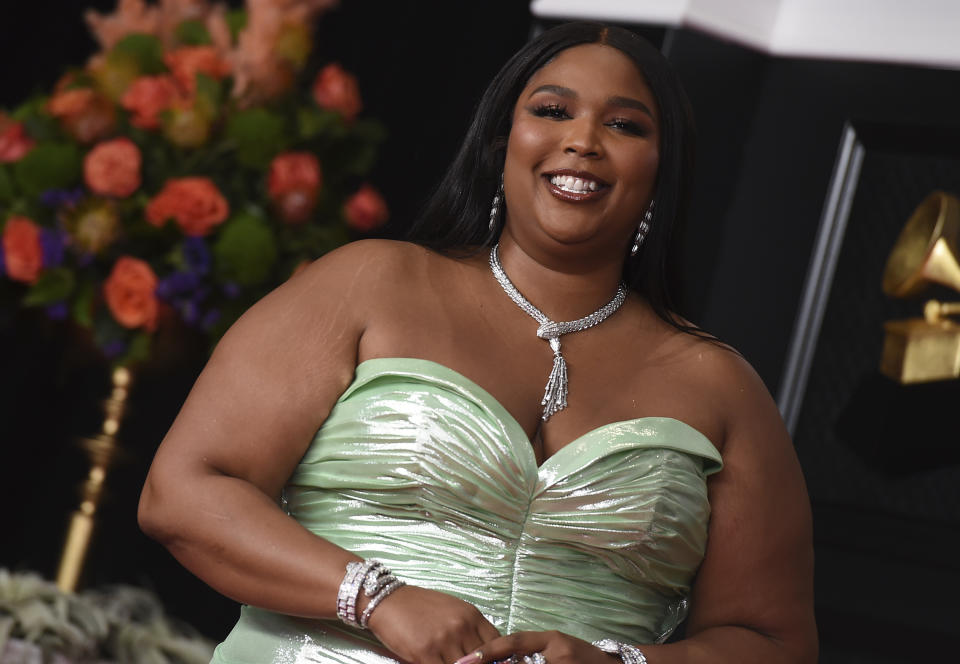 Lizzo arrives at the 63rd annual Grammy Awards at the Los Angeles Convention Center on Sunday, March 14, 2021. (Photo by Jordan Strauss/Invision/AP)