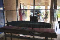 A model of the planned domestic submarine is displayed at the CSBC Corp's shipyards in the southern city of Kaohsiung, Taiwan on Tuesday, Nov. 24, 2020. Taiwan's President Tsai Ing-wen inaugurated the production of domestically-made submarines Tuesday in the southern city of Kaohsiung, in a step forward for the island's defense strategy at a time of elevated tensions with China. (AP Photo/Huizhong Wu)