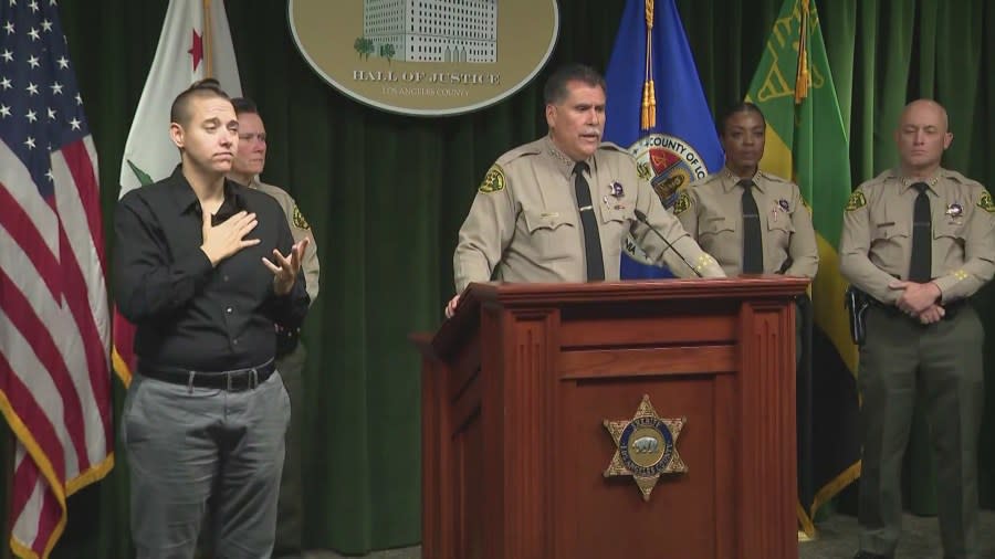 L.A. County Sheriff Robert Luna speaks at a press conference addressing deputy suicides in November 2023. (KTLA)