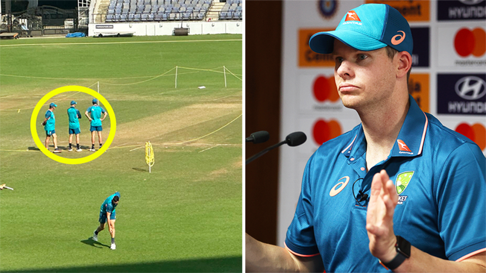 Australians inspecting the Nagpur pitch (pictured left) in India and (pictured right) Steve Smith speaking to the media.