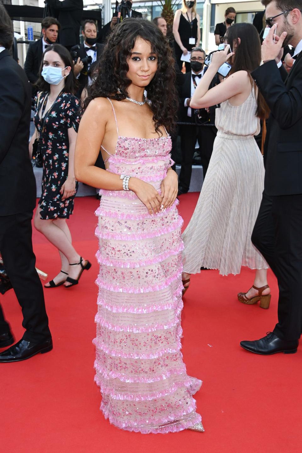 Léna Mahfouf wears a pink dress at the 2021 Cannes Film Festival.