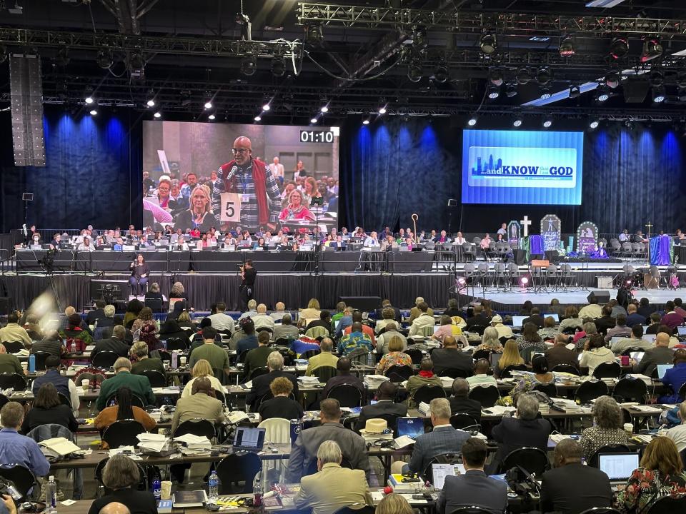 United Methodist delegates listen to a debate during their General Conference meeting Tuesday, April 30, 2024, in Charlotte, N.C. (AP Photo/Peter Smith)