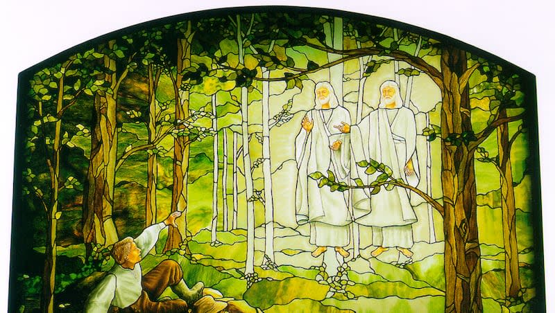 "Joseph Smith's First Vision" (stained glass, 7 by 5 feet) in the Palmyra Temple, Palmyra, NY.