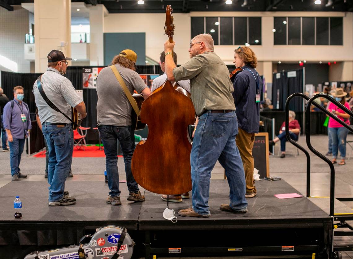 Bass player Todd Kirchner and members of Full Cord Bluegrass from Grand Haven, Michigan perform on Thursday, September 29, 2021 at the Raleigh Convention Center in Raleigh, N Robert Willett/rwillett@newsobserver.com