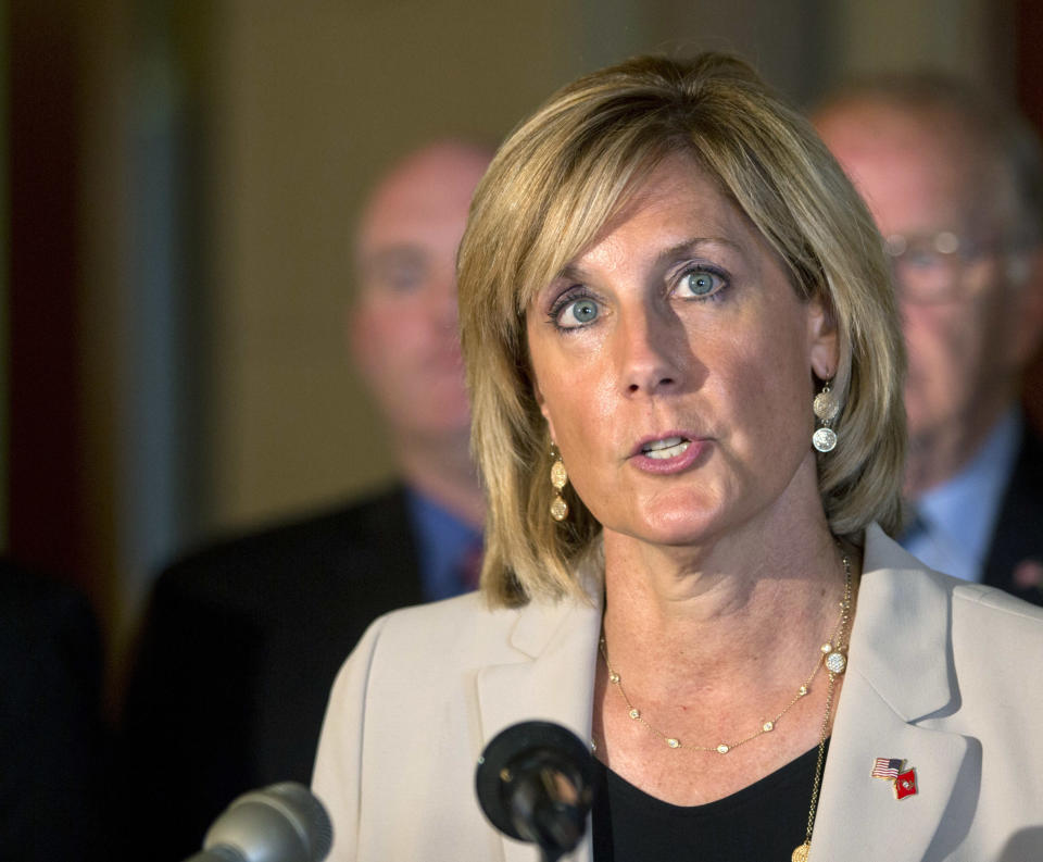 FILE - In this June 10, 2015 file photo, assemblywoman Claudia Tenney, R-New Hartford, speaks during a news conference at the Capitol, in Albany, N.Y. A New York judge ruled Friday that Republican Claudia Tenney defeated US Rep. Anthony Brindisi by 109 votes in last open race. (AP Photo/Mike Groll, File)