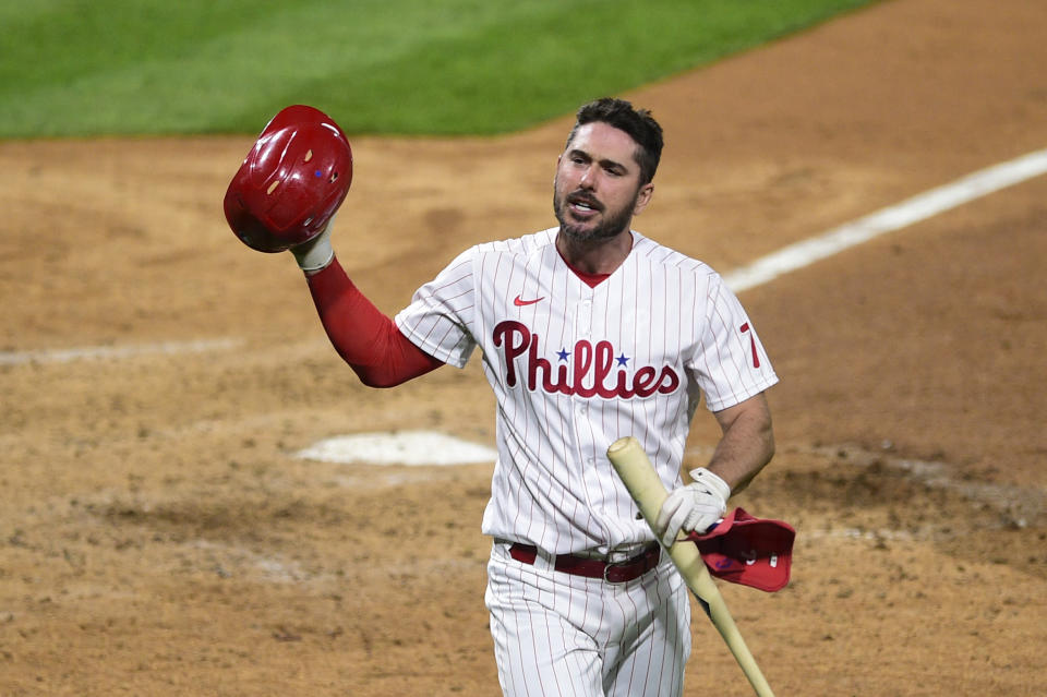 Philadelphia Phillies' Matt Joyce reacts after he was thrown out of the game during the seventh inning against the Milwaukee Brewers, Monday, May 3, 2021, in Philadelphia. (AP Photo/Derik Hamilton)