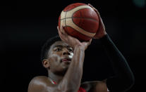 Japan's Rui Hachimura (8) prepares to throw during men's basketball preliminary round game against Slovenia at the 2020 Summer Olympics, Thursday, July 29, 2021, in Saitama, Japan. (AP Photo/Eric Gay)