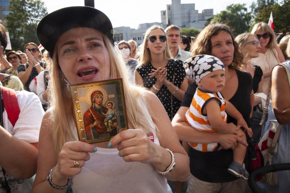 Opposition supporters gather for a protest in Minsk on Monday.