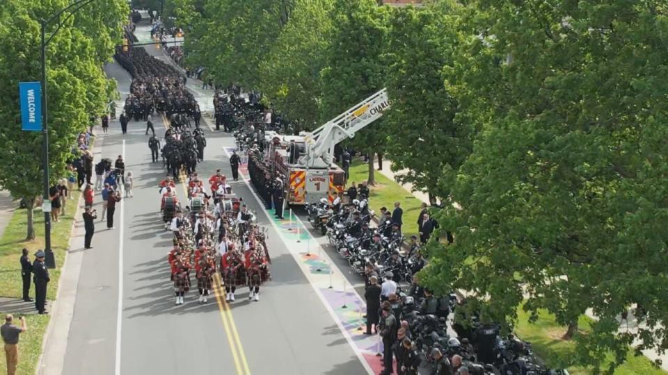 The procession and funeral for CMPD officer Joshua Eyer was held in Charlotte on Friday, May 3, 2024. Eyer was killed on Monday after a suspect opened fire on a task force that was attempting to serve an arrest warrant.