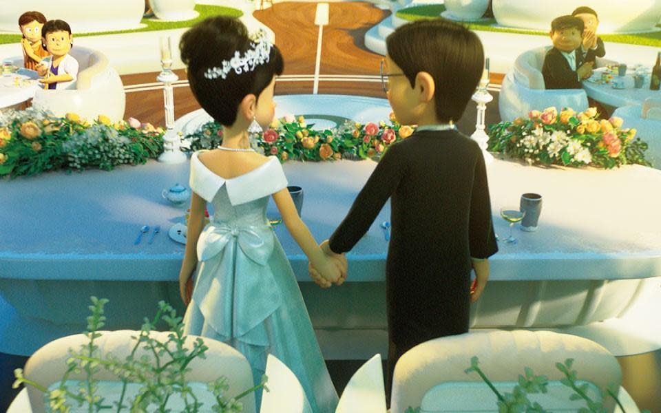 大雄（右）和靜香在最新曝光的劇照中順利舉行婚禮。（翻攝《STAND BY ME 哆啦A夢2》官網）