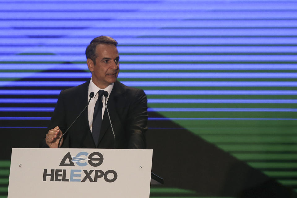 Greece's Prime Minister Kyriakos Mitsotakis delivers a speech during the Thessaloniki International Fair at the northern city of Thessaloniki, Saturday, Sept. 7, 2019. Mitsotakis outlined his economic policies for the next year, as heads of government have traditionally done over the years. (AP Photo/Giannis Papanikos)