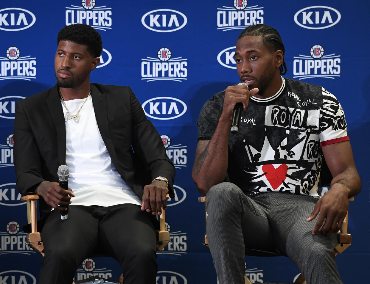 LOS ANGELES, CA - JULY 24: Kawhi Leonard speaks during his introductory news conference with Paul George at Green Meadows Recreation Center on July 24, 2019 in Los Angeles, California. NOTE TO USER: User expressly acknowledges and agrees that, by downloading and or using this photograph, User is consenting to the terms and conditions of the Getty Images License Agreement. at Green Meadows Recreation Center on July 24, 2019 in Los Angeles, California. (Photo by Kevork Djansezian/Getty Images)