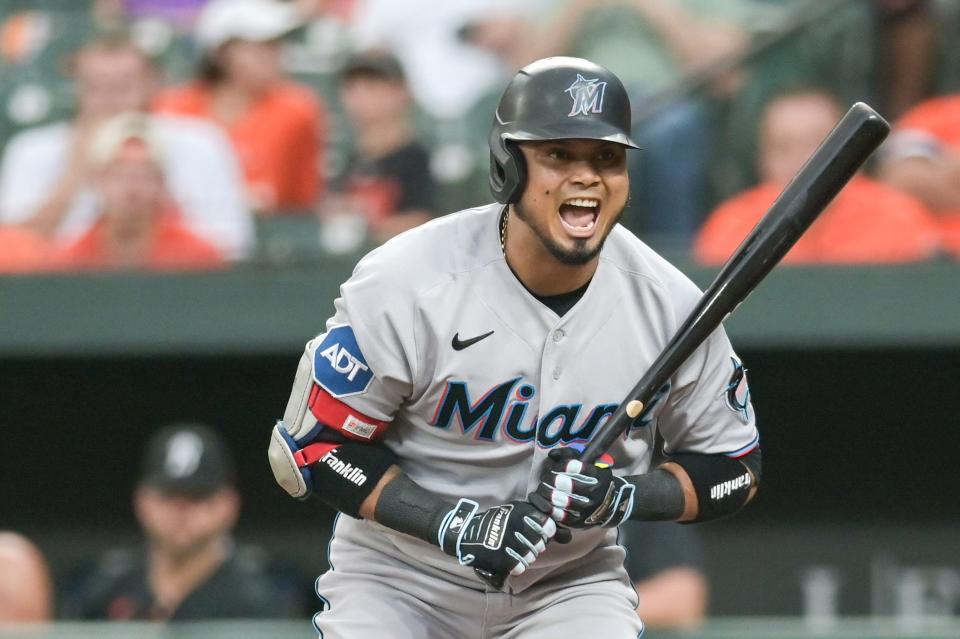 Miami Marlins second baseman Luis Arraez reacts after taking a pitch against the Baltimore Orioles  at Oriole Park at Camden Yards.